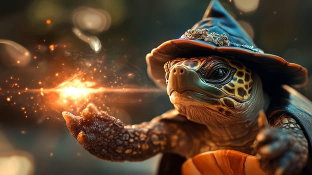 A mystical turtle wearing a wizard hat conjures magic, creating a fantastical scene of enchantment.