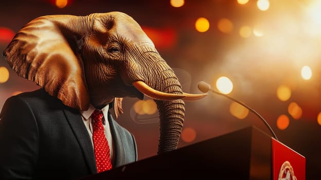 An elephant headed figure in a suit speaks at a podium, symbolizing power and leadership in a surreal setting.