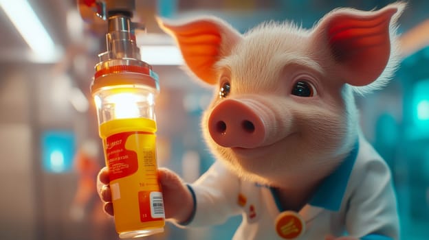 A curious piglet in a lab coat holding a test tube, exploring science in a modern laboratory.