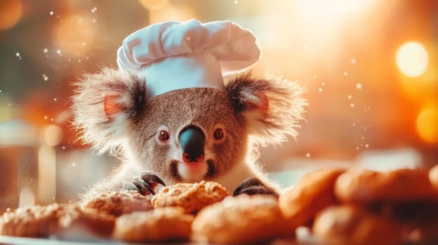 A koala wearing a chefs hat, surrounded by freshly baked cookies, in a cozy, warm setting.