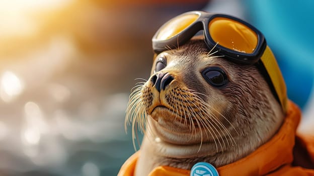 A cute seal wearing stylish sunglasses and a life vest basks in the sunlight, showcasing its playful side.