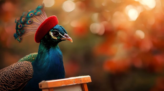 A stylish peacock wearing a red beret against a blurred autumn background.