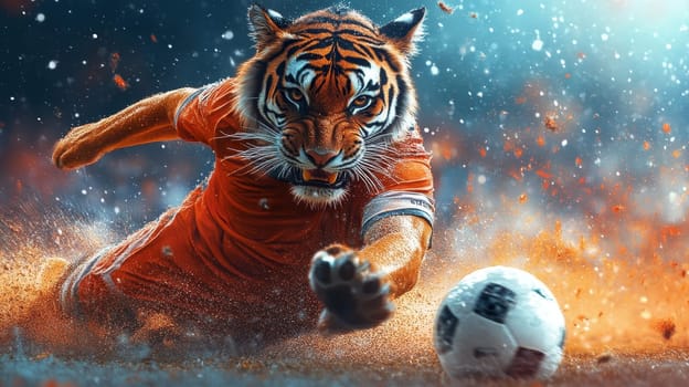 A dynamic tiger in a soccer jersey dives for a ball, showcasing strength and agility on the field.
