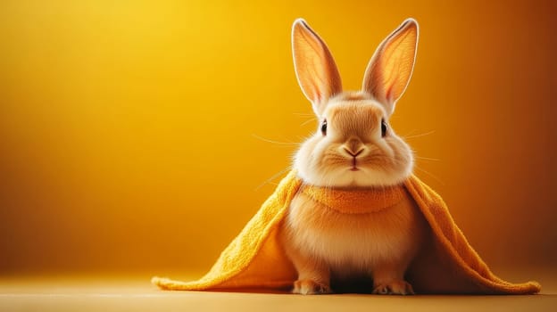 A cute bunny draped in a yellow cape sitting against a plain background with copy space.