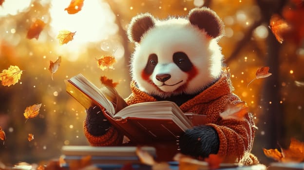 A cute panda in an orange sweater reading a book surrounded by falling autumn leaves in a forest.
