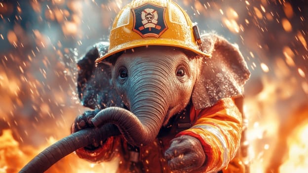An adorable elephant in firefighter gear bravely tackling flames, highlighting courage and heroism.