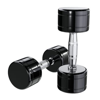 Two blank Round Dumbbells, black weightlifting gym equipment top view, isolated on white background. 3D illustration