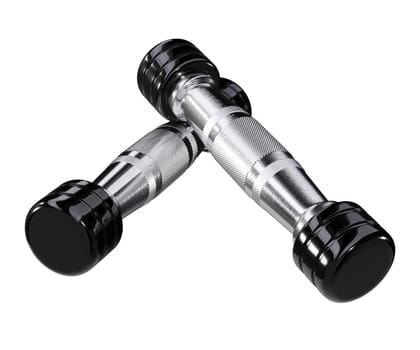 Two blank Round Dumbbells, black weightlifting gym equipment top view, isolated on white background. 3D illustration