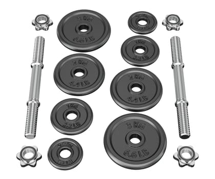 Parts of cast iron black Adjustable Dumbbel, rod handle, weight plates, spin lock collars isolated on white background. 3D illustration