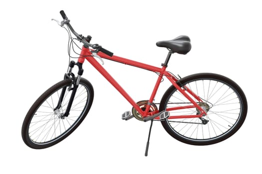 Red bicycle standing while leaning on kickstand, side view. Bike resting on kick stand isolated on white background, 3D illustration