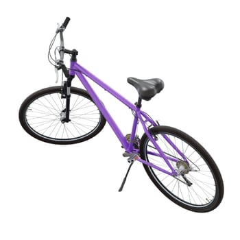 Purple bicycle standing while leaning on kickstand, side back view. Bike resting on kick stand isolated on white background, 3D illustration