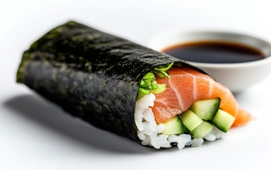 A fresh salmon sushi roll with cucumber and rice, served with a side of soy sauce for dipping.