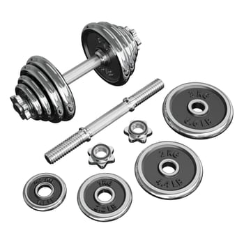 Chrome Adjustable Dumbbel and one taken apart with rod handle, weight plates and locks isolated on white background. 3D illustration