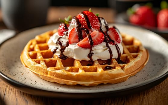 Fluffy waffles topped with whipped cream, strawberries, and chocolate drizzle for a delightful breakfast.