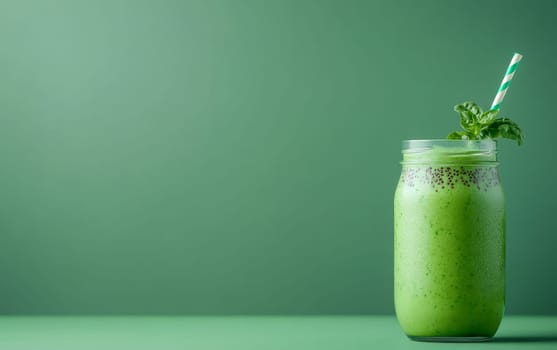 Refreshing green smoothie in a glass jar with a striped straw, perfect for a healthy lifestyle. Copy space.