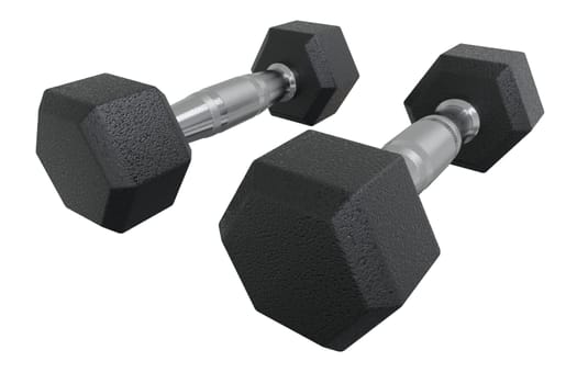 Blank Two Hex Dumbbells, weightlifting gym equipment, isolated on white background. 3D illustration