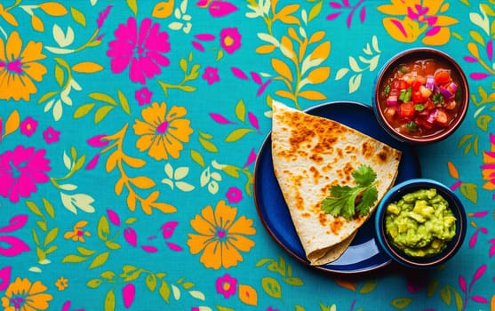 A crispy quesadilla served with fresh salsa and guacamole, presented on a vibrant floral tablecloth.
