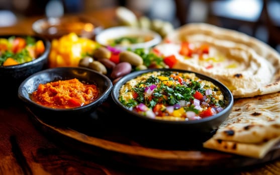 A vibrant Mediterranean mezze platter featuring hummus, olives, and fresh vegetables, served with naan bread.