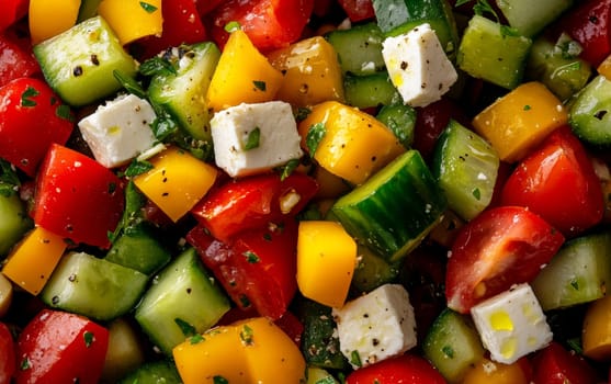 Colorful Greek salad with cucumber, tomatoes, bell peppers, and feta cheese, seasoned with herbs.