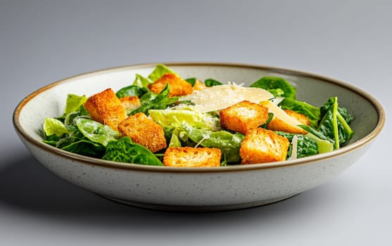 A classic Caesar salad topped with crunchy croutons and shaved Parmesan cheese, served in a rustic bowl.