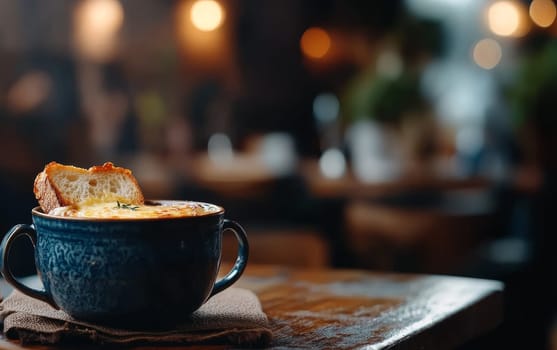 Warm French onion soup topped with melted cheese and bread, served in a cozy, rustic setting.