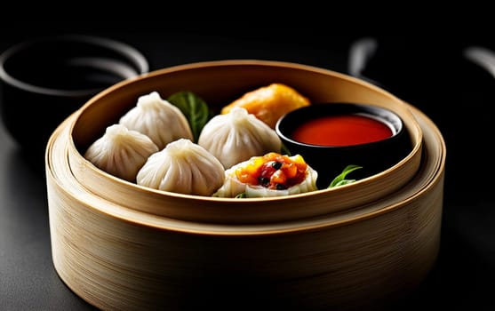 Delicious steamed dumplings served in a traditional bamboo basket alongside a dipping sauce on a dark background.