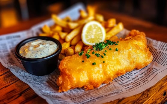 A serving of traditional fish and chips with tartar sauce and lemon, presented on a rustic wooden table.