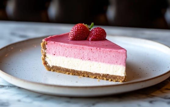 A delectable slice of strawberry mousse cheesecake with a graham crust and fresh strawberries on top.