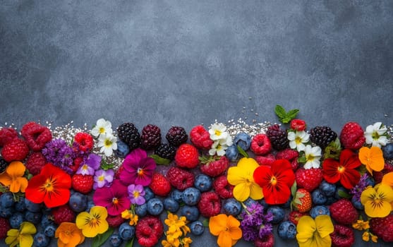 A vibrant array of fresh berries and colorful flowers arranged on a slate, with ample copy space for text.
