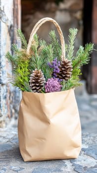 Natural winter floral arrangement with pine branches, pine cones, succulents and lavender in brown paper bag, rustic outdoor setting with copy space.