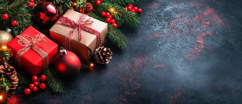 Christmas decorations and wrapped presents arranged with pine branches and berries on a dark background, creating a cozy holiday atmosphere.