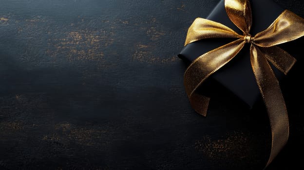 A luxurious black gift box adorned with a shimmering golden ribbon, placed on a dark textured background with copy space.