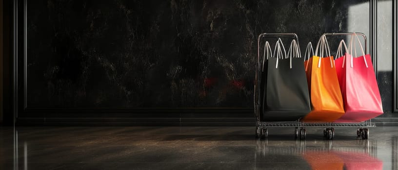 Vibrant shopping bags in black, orange, and pink placed on a metallic rack against a dark, textured wall. Luxurious retail setting with reflective floor, perfect for high-end shopping concepts.