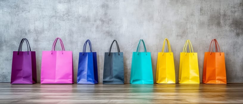 A row of vibrant shopping bags in various colors against a textured wall, perfect for retail themes.