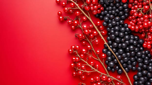 A striking arrangement of red and black berries on a vibrant red background, highlighting natural beauty.
