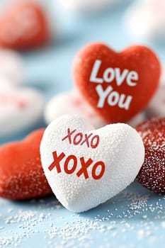 close-up of valentine's day candy hearts in red and white, featuring sweet messages like "xoxo"" and ""love you"" on a soft blue background. AI generated image"