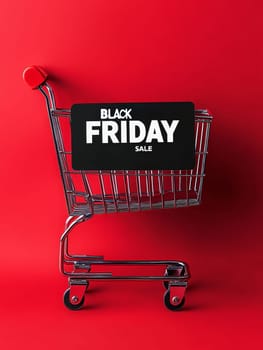 A shiny shopping cart with a Black Friday sale sign on a vibrant red background, emphasizing retail excitement.