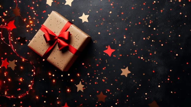 Elegant gift box wrapped in kraft paper with red bow, surrounded by glowing string lights and golden stars on dark background, creating magical holiday atmosphere.