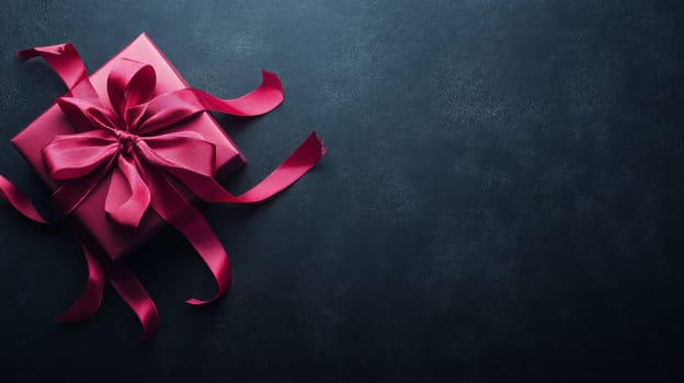 Single red gift box with luxurious ribbon bow on dark background. Romantic present concept with copy space for Valentine's Day or special occasion.