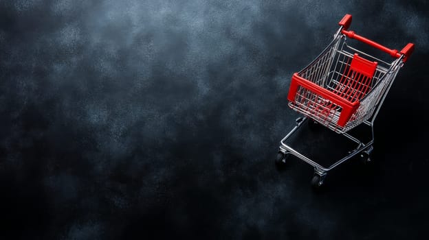 Minimalist composition featuring a bright red shopping cart against a dark textured background, offering ample space for text or design elements.