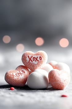 close-up of valentine's day candy hearts in red and white, featuring sweet messages like "xoxo"" and ""love you"" on a soft blue background. AI generated image"