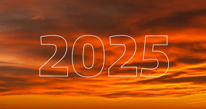 2025  text with stroke in front of cloudy sky - dawn time