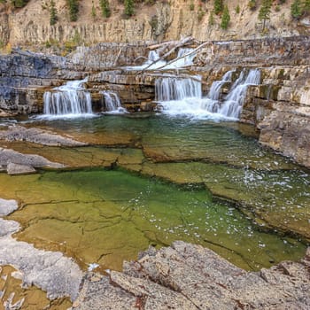 The Kootenai River Falls  during low water in autumn near Libby, Montana.