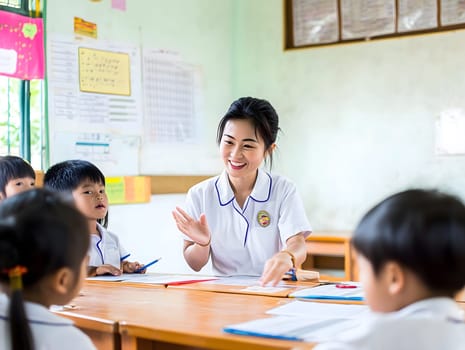 Female Asian Teacher educates children in the Class School