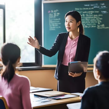 Female Asian Teacher educates children in the Class School