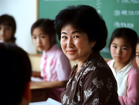 Female Asian Teacher educates children in the Class School