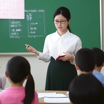 Female Asian Teacher educates children in the Class School