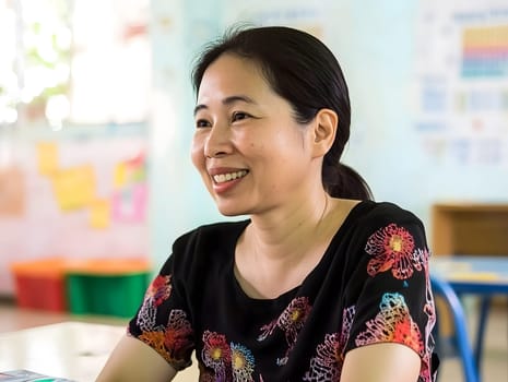 Female Asian Teacher educates children in the Class School