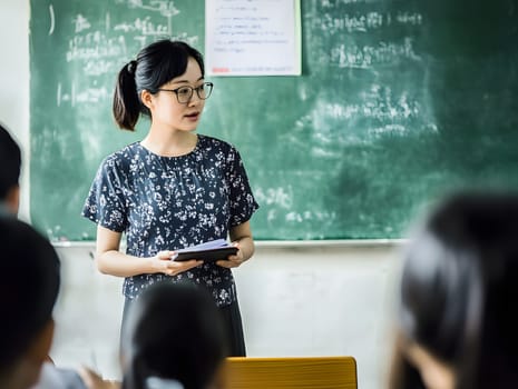 Female Asian Teacher educates children in the Class School