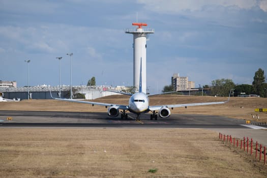 Lisbon, Portugal - September 2, 2023: Ryanair Boeing 737-8AS passenger plane waiting for take off on runway in Humberto Delgado Airport in Lisbon